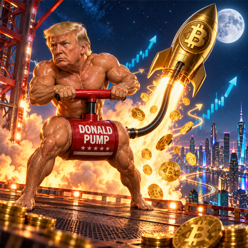 DONALD PUMP launching a rocket of coins from a rooftop pump