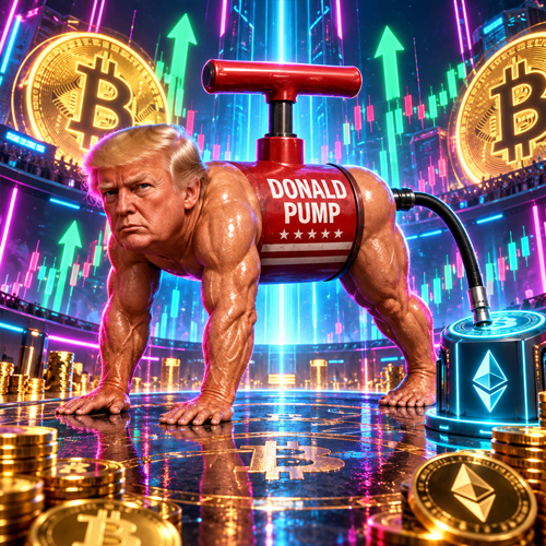 DONALD PUMP on a neon trading floor with bitcoin coins and a pump hose