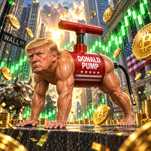 DONALD PUMP on Wall Street with green candles, bulls, and falling coins