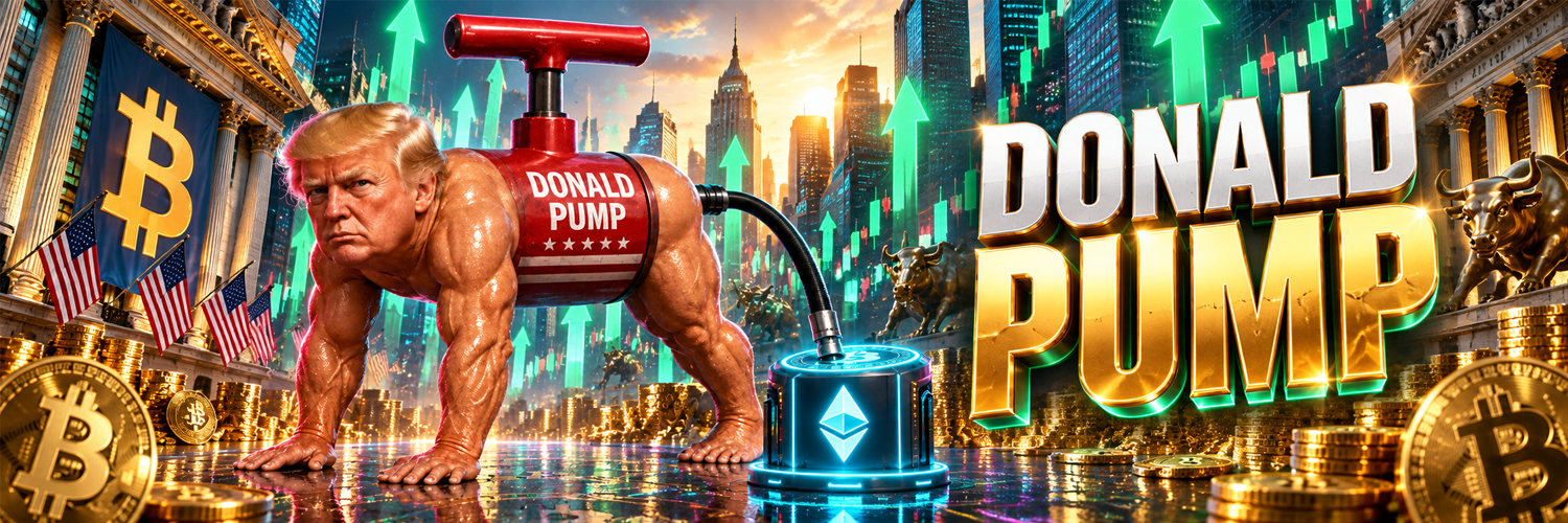 DONALD PUMP banner with city skyline, gold title, and pumping mascot